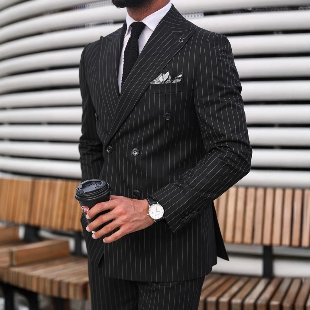 Colchester Black Pinstripe Slim Fit Double Breasted Suit | MrGuild