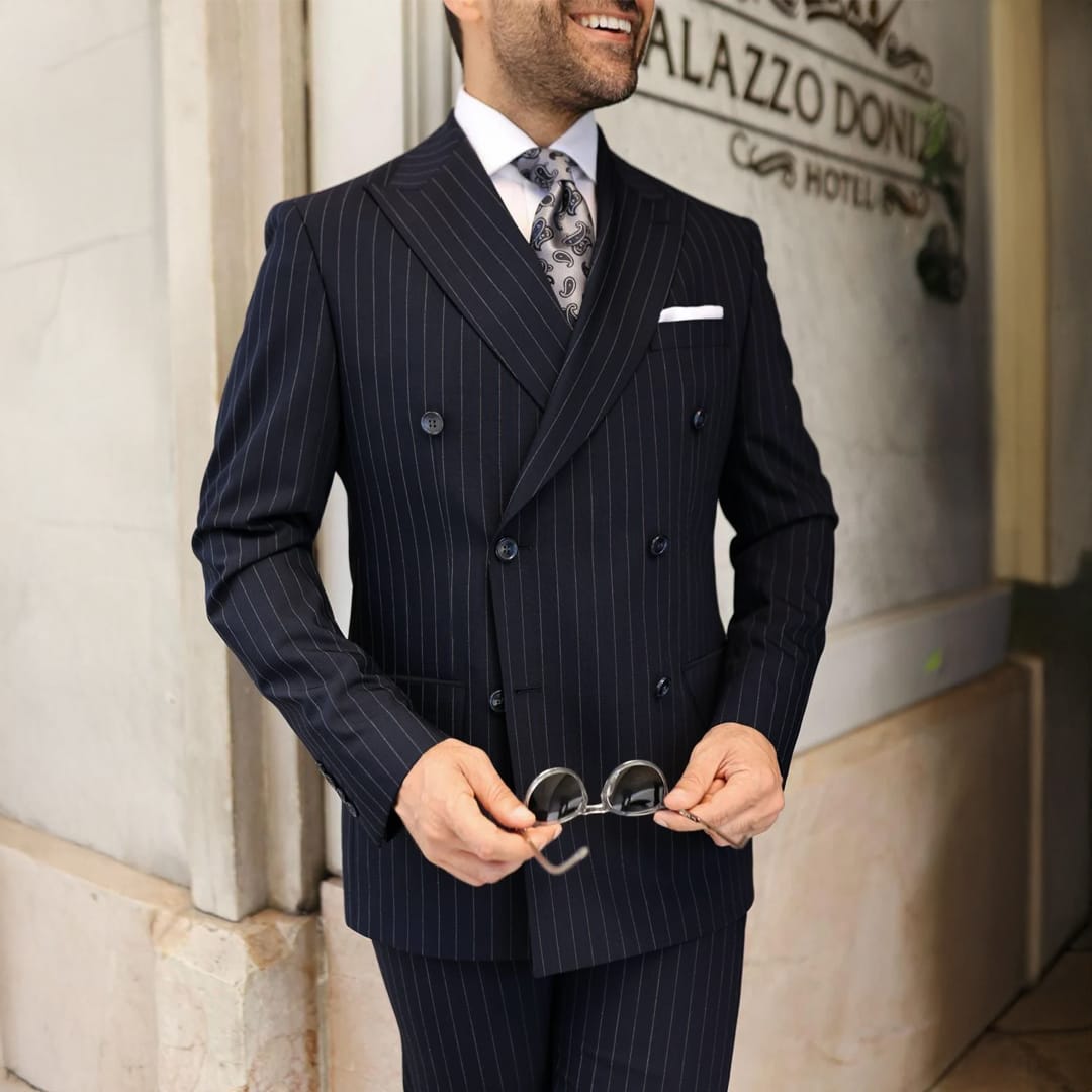 【完売品】FLARE DOUBLE-BREASTED STRIPED SUIT Forsyth Road Blue Pinstripe Slim Fit Double Breasted Suit | MrGuild