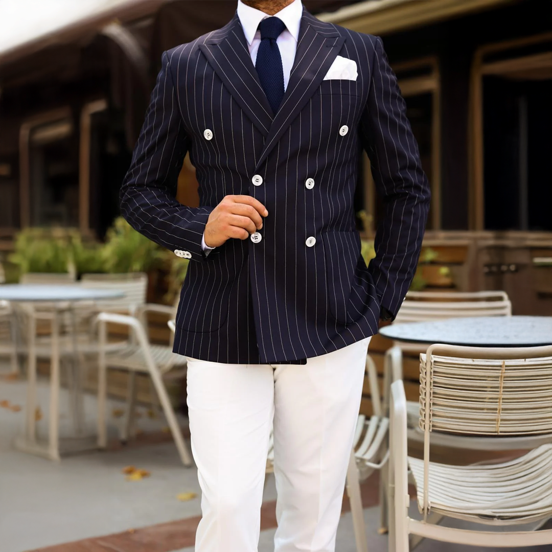 Gophir Lane Blue Pinstripe Slim Fit Double Breasted Suit | MrGuild