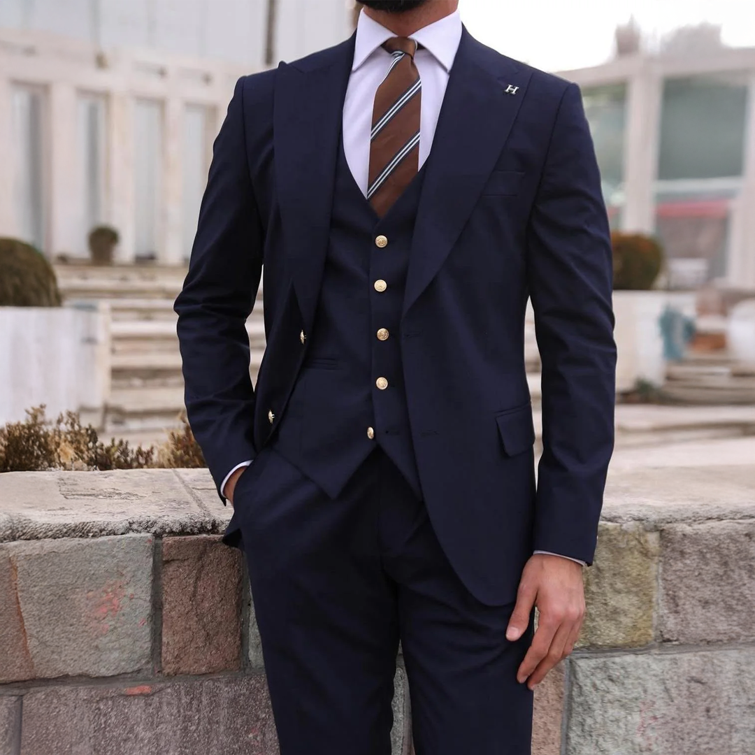 Satin Road Blue Plain Slim Fit Three Piece Suit With Gold Buttons
