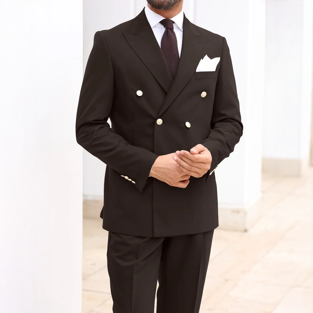 Suffolk Grove Brown Plain Slim Fit Double Breasted Suit With Gold