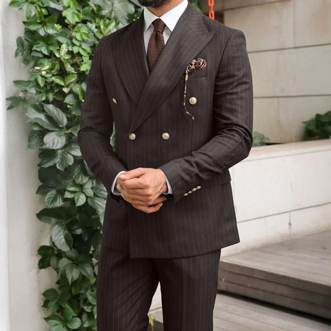 Tampers Close Brown Pinstripe Slim Fit Double Breasted Suit With