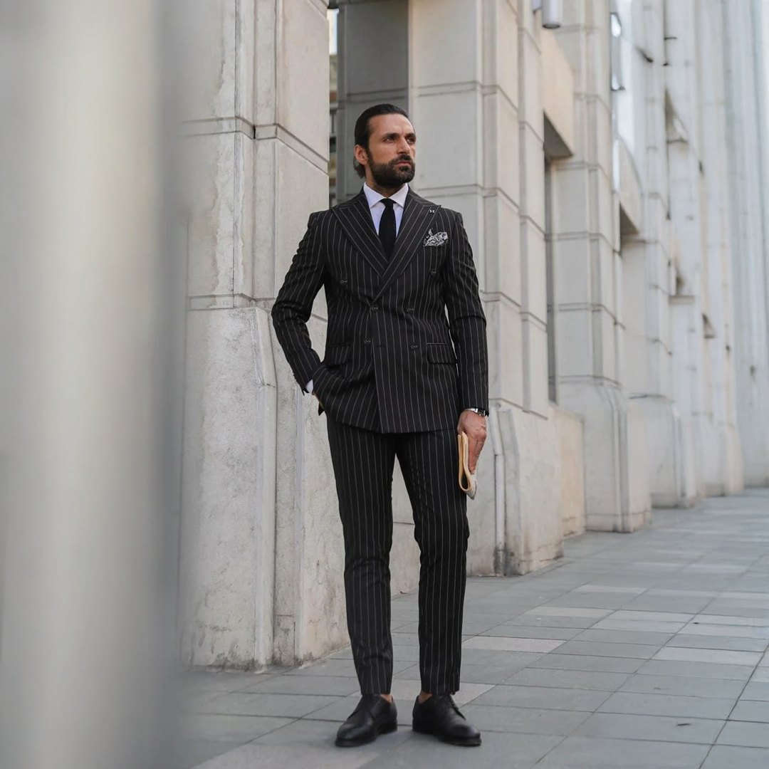 Tilson Gardens Black Pinstripe Slim Fit Double Breasted Suit | MrGuild