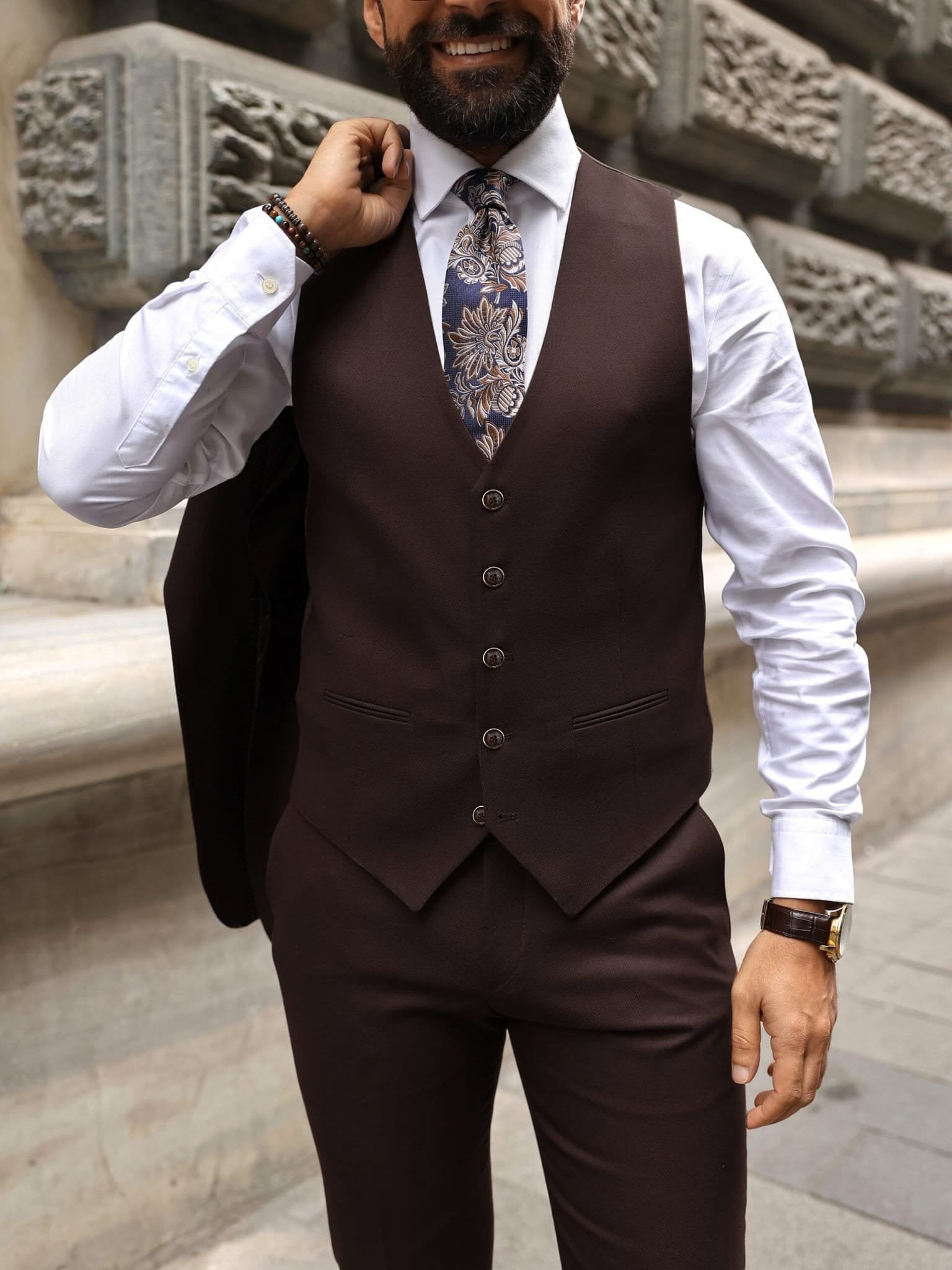 King's Road Brown Plain Slim Fit Three Piece Suit | MrGuild