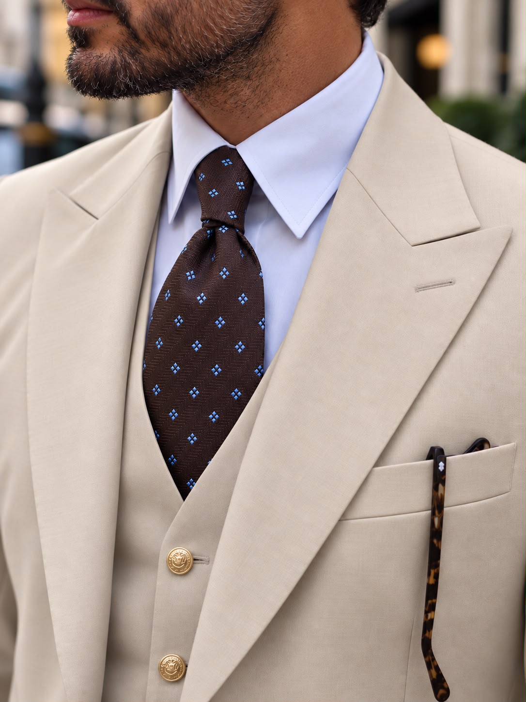 Governor Place Cream Plain Slim Fit Three Piece Suit