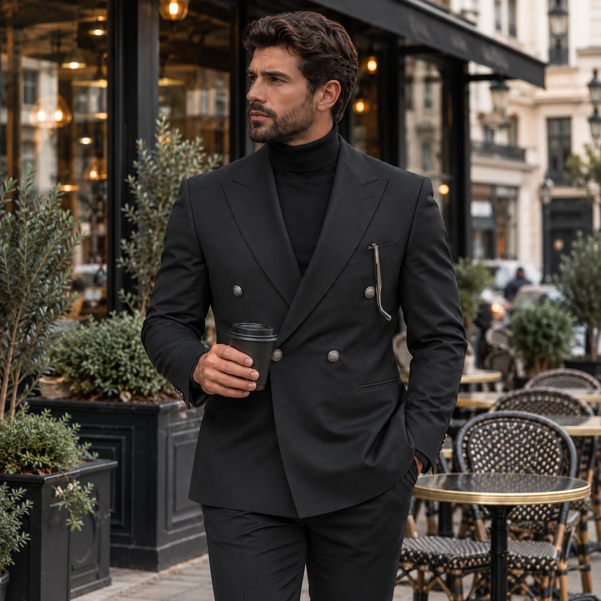 David Mews Black Plain Slim Fit Double Breasted Suit