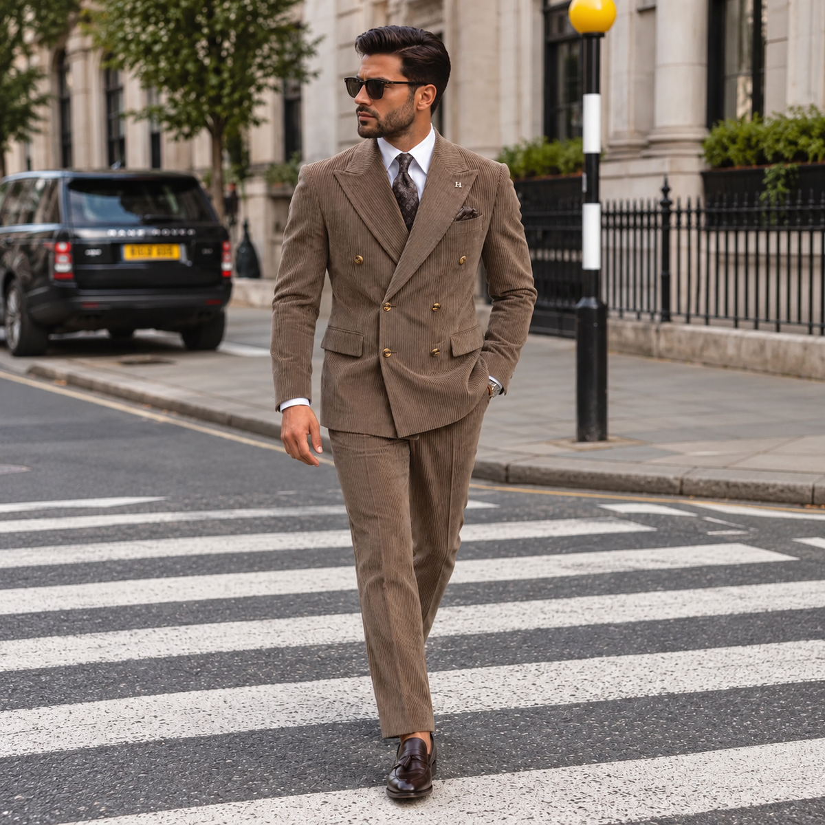 Dilayla Palace Brown Corduroy Slim Fit Double Breasted Suit