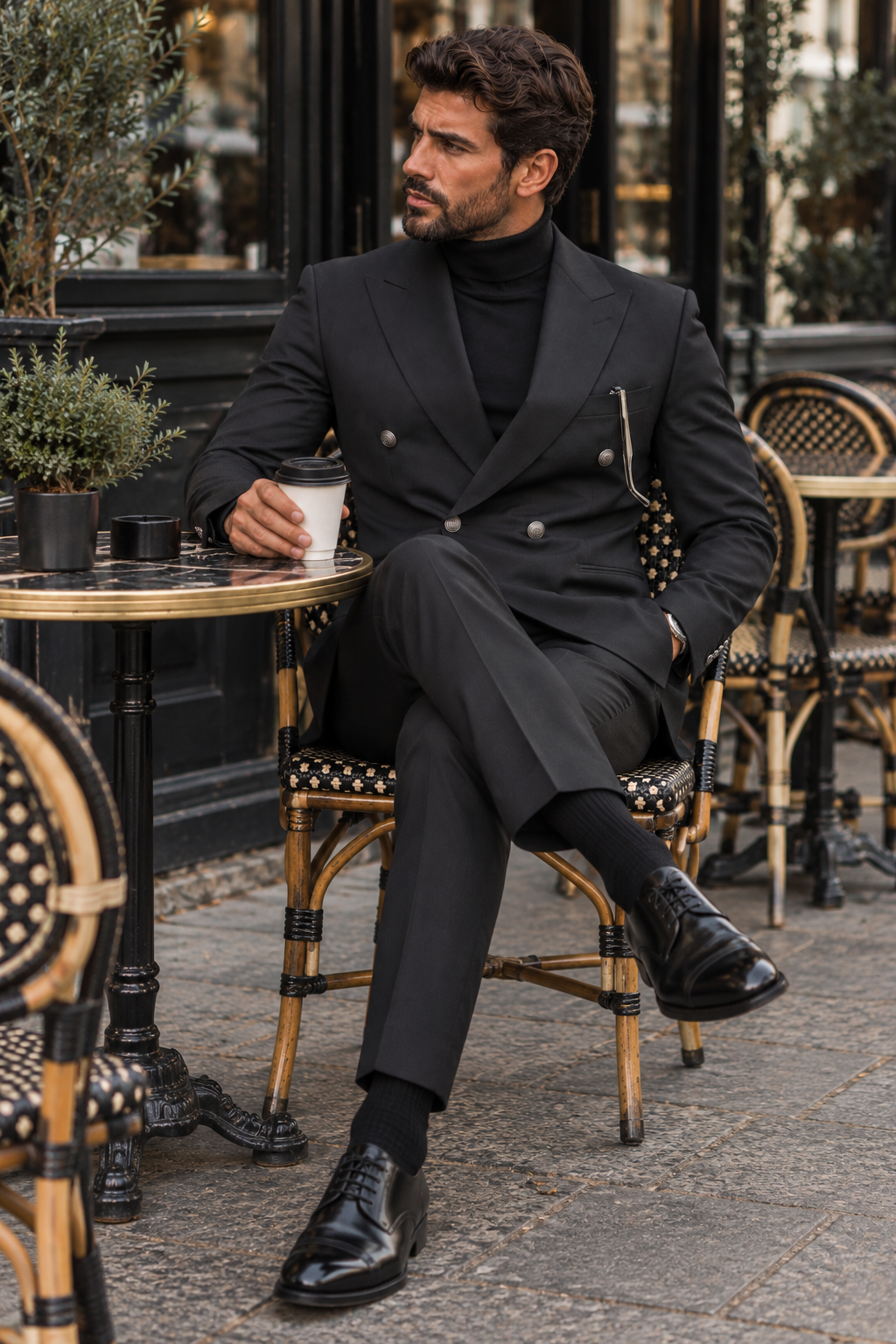 David Mews Black Plain Slim Fit Double Breasted Suit