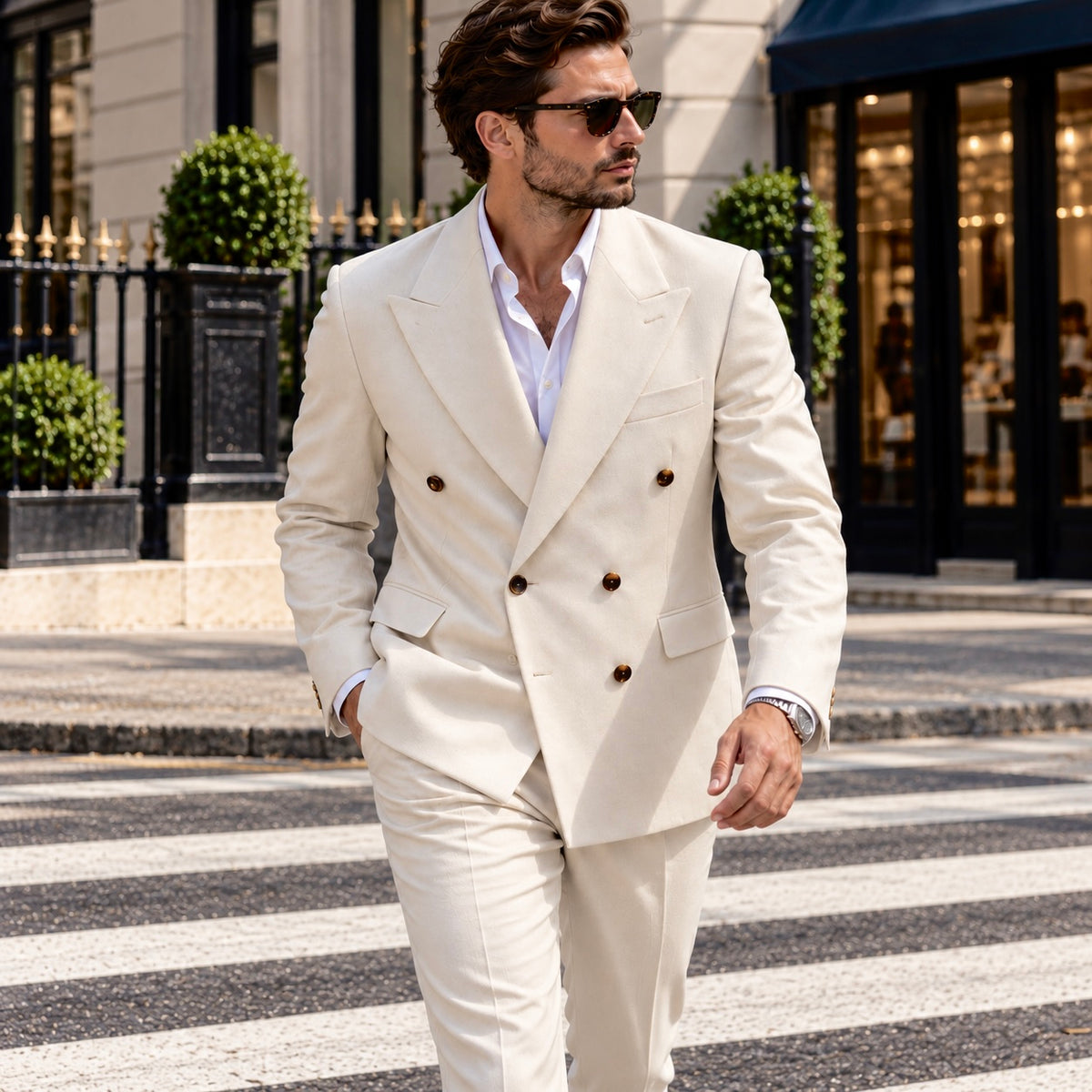 Middleton Road Cream Plain Slim Fit Double Breasted Suit