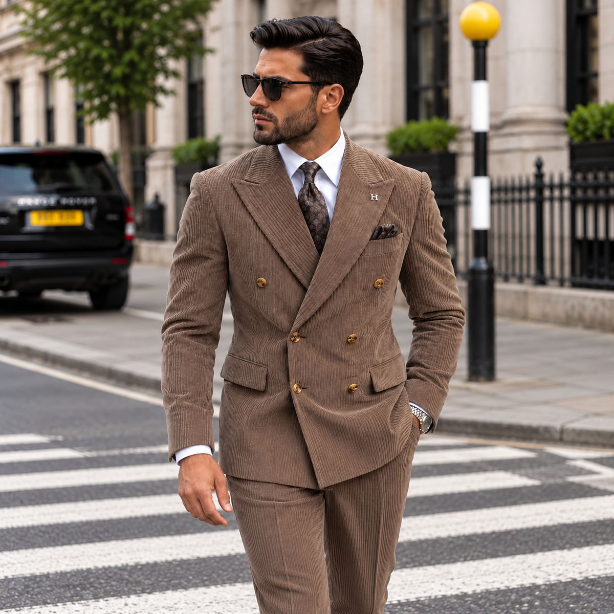 Dilayla Palace Brown Corduroy Slim Fit Double Breasted Suit