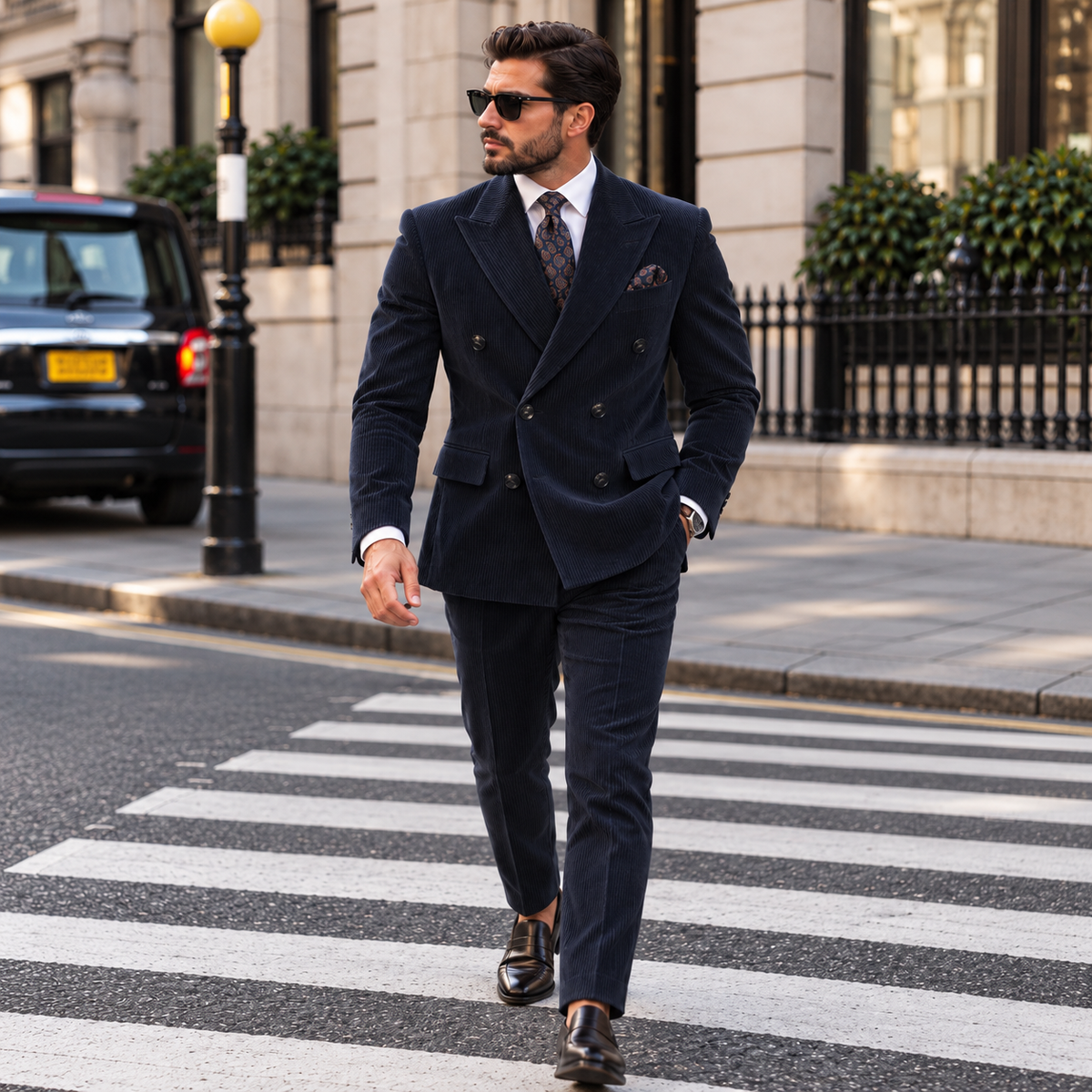 Alara's Castle Blue Corduroy Slim Fit Double Breasted Suit - MrGuild
