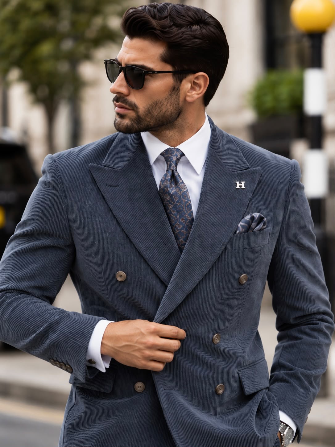 Alara's Castle Blue Corduroy Slim Fit Double Breasted Suit - MrGuild