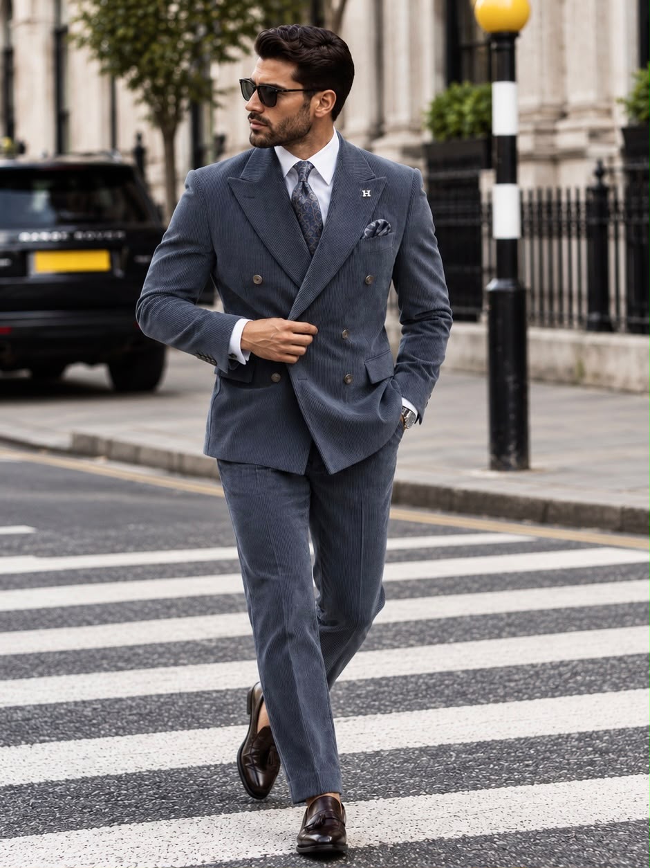 Alara's Castle Blue Corduroy Slim Fit Double Breasted Suit - MrGuild