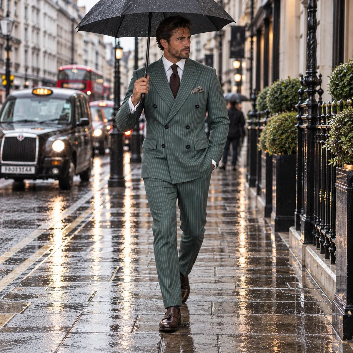 Archway Road Green Pinstripe Slim Fit Double Breasted Suit