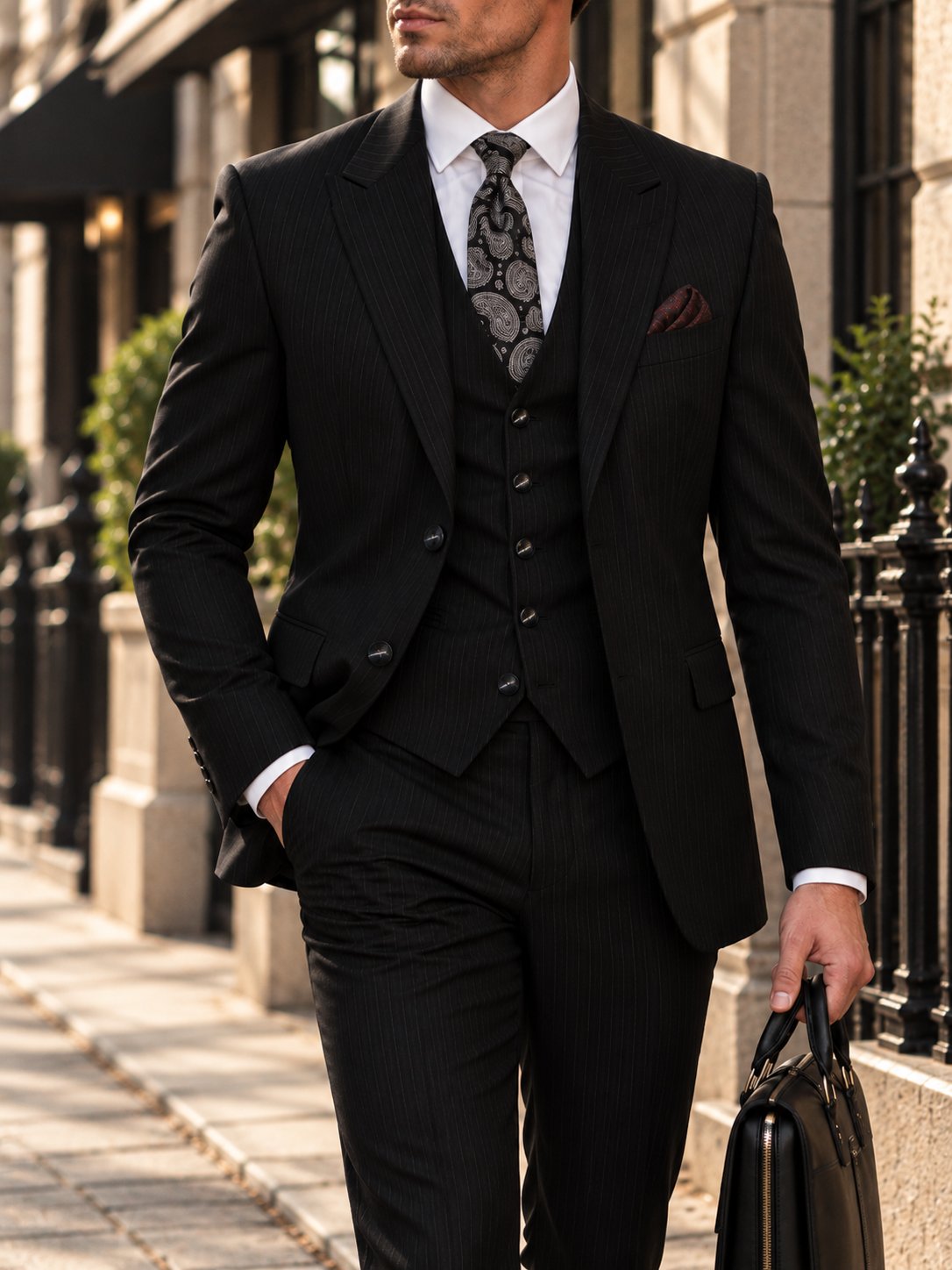 Armory Way Black Pinstripe Slim Fit Three Piece Suit