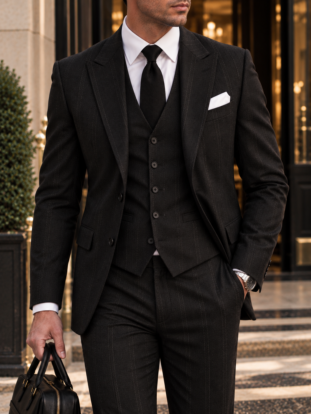 Corsham Street Black Pinstripe Slim Fit Three Piece Suit