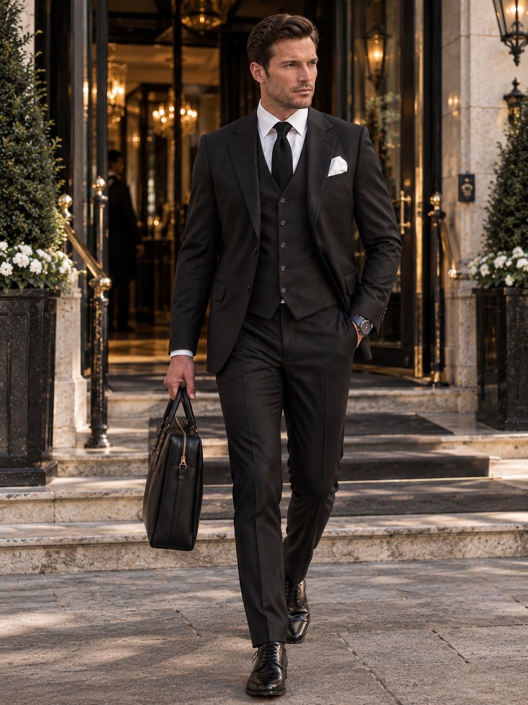 Corsham Street Black Pinstripe Slim Fit Three Piece Suit