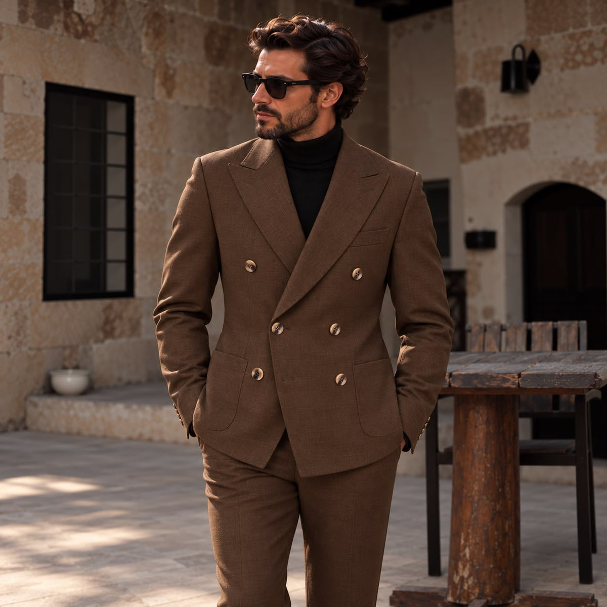 Courland Street Brown Plain Slim Fit Double Breasted Suit