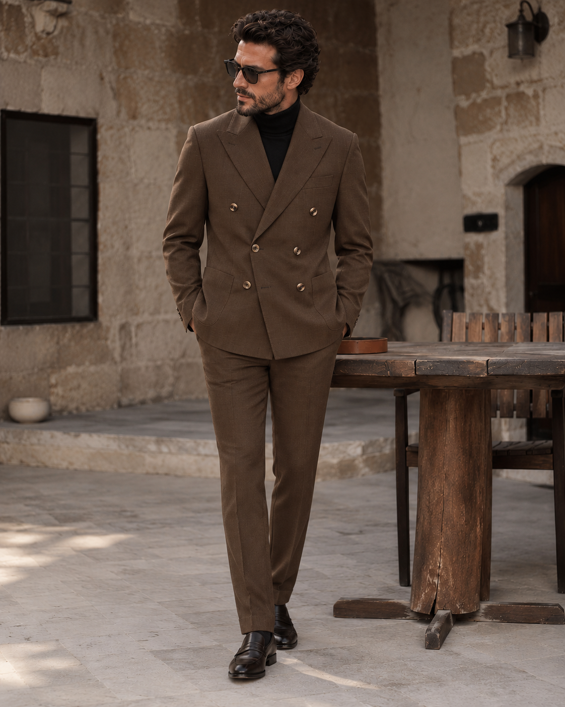Courland Street Brown Plain Slim Fit Double Breasted Suit