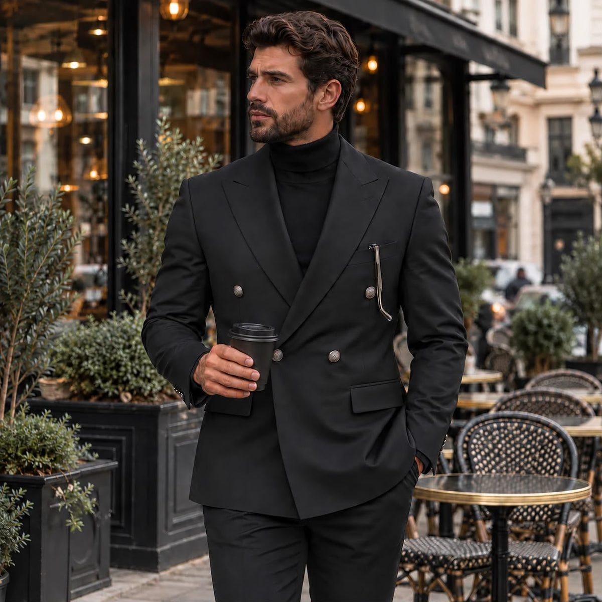 David Mews Black Plain Slim Fit Double Breasted Suit