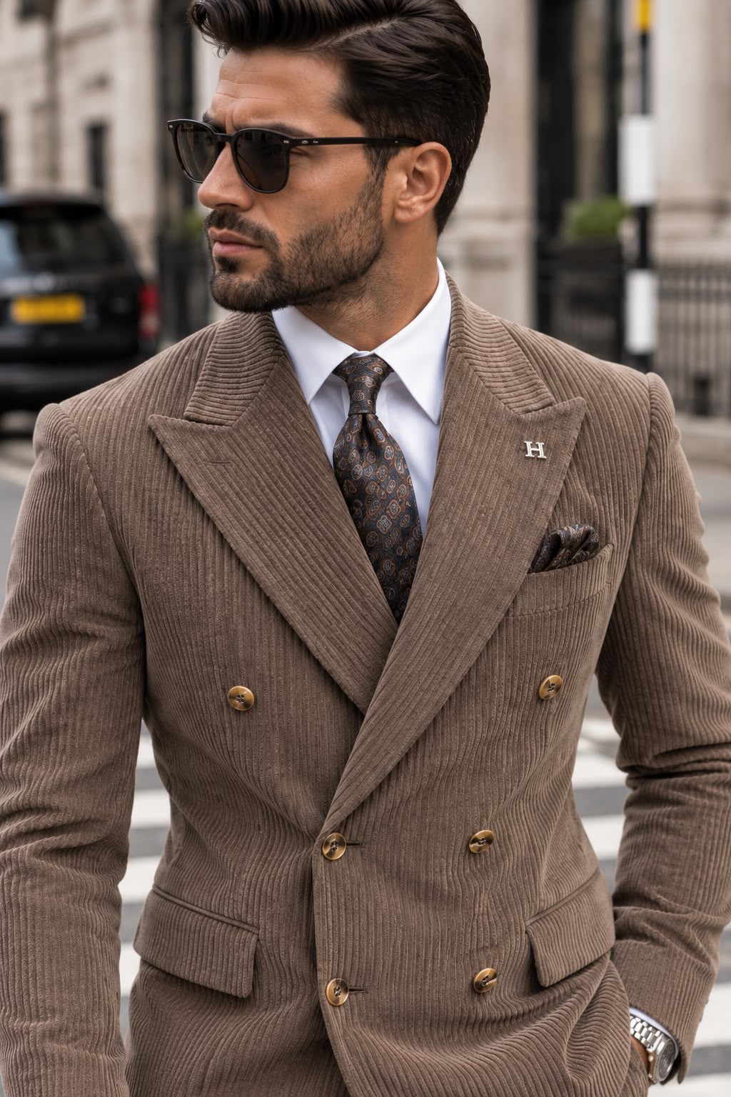 Dilayla Palace Brown Corduroy Slim Fit Double Breasted Suit - MrGuild