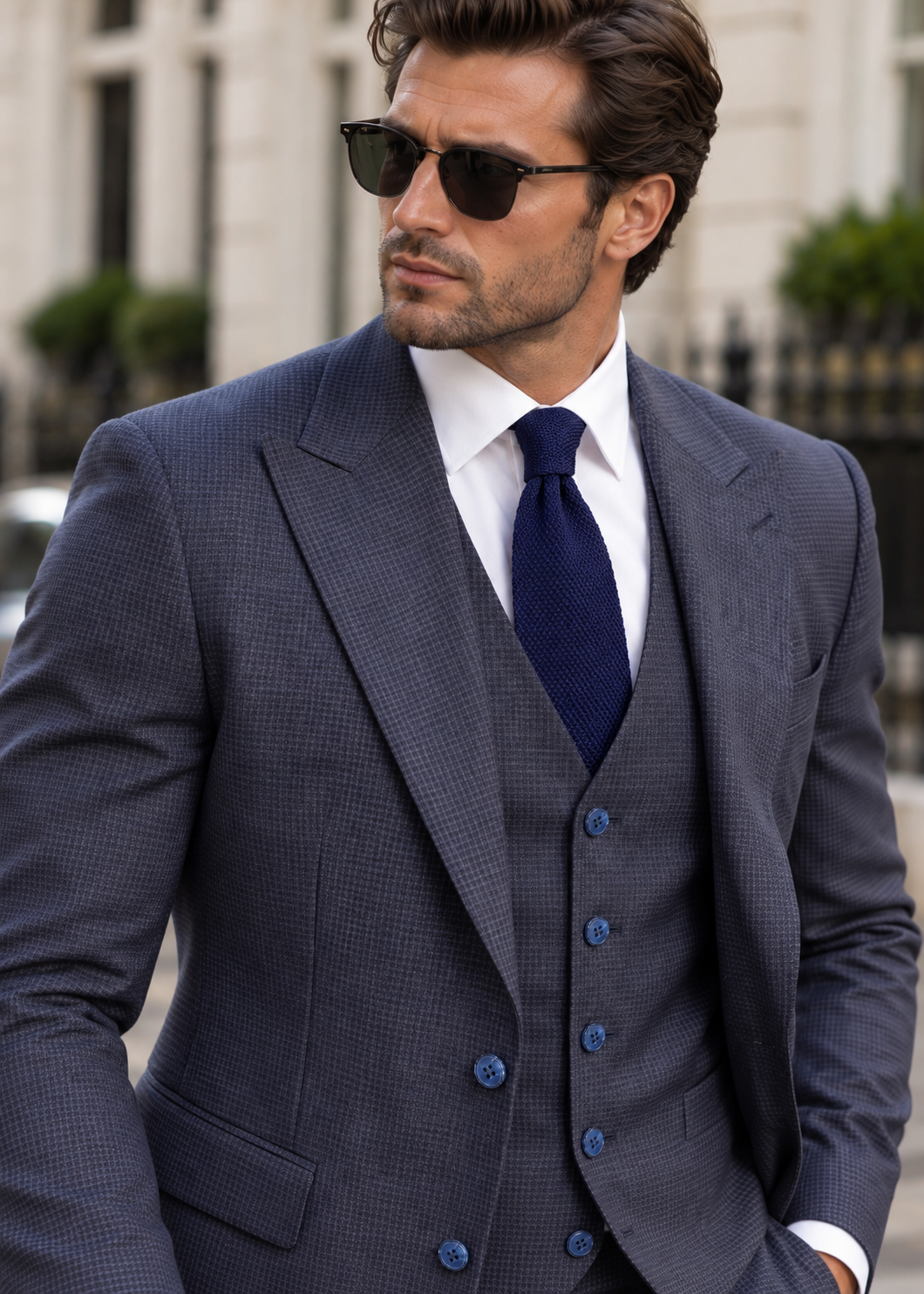 Jitters End Blue Chequered Slim Fit Three Piece Suit
