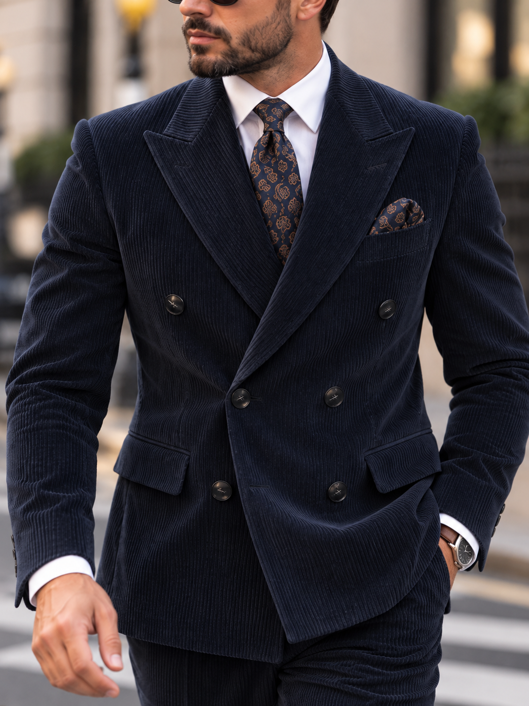 Alara's Castle Blue Corduroy Slim Fit Double Breasted Suit - MrGuild
