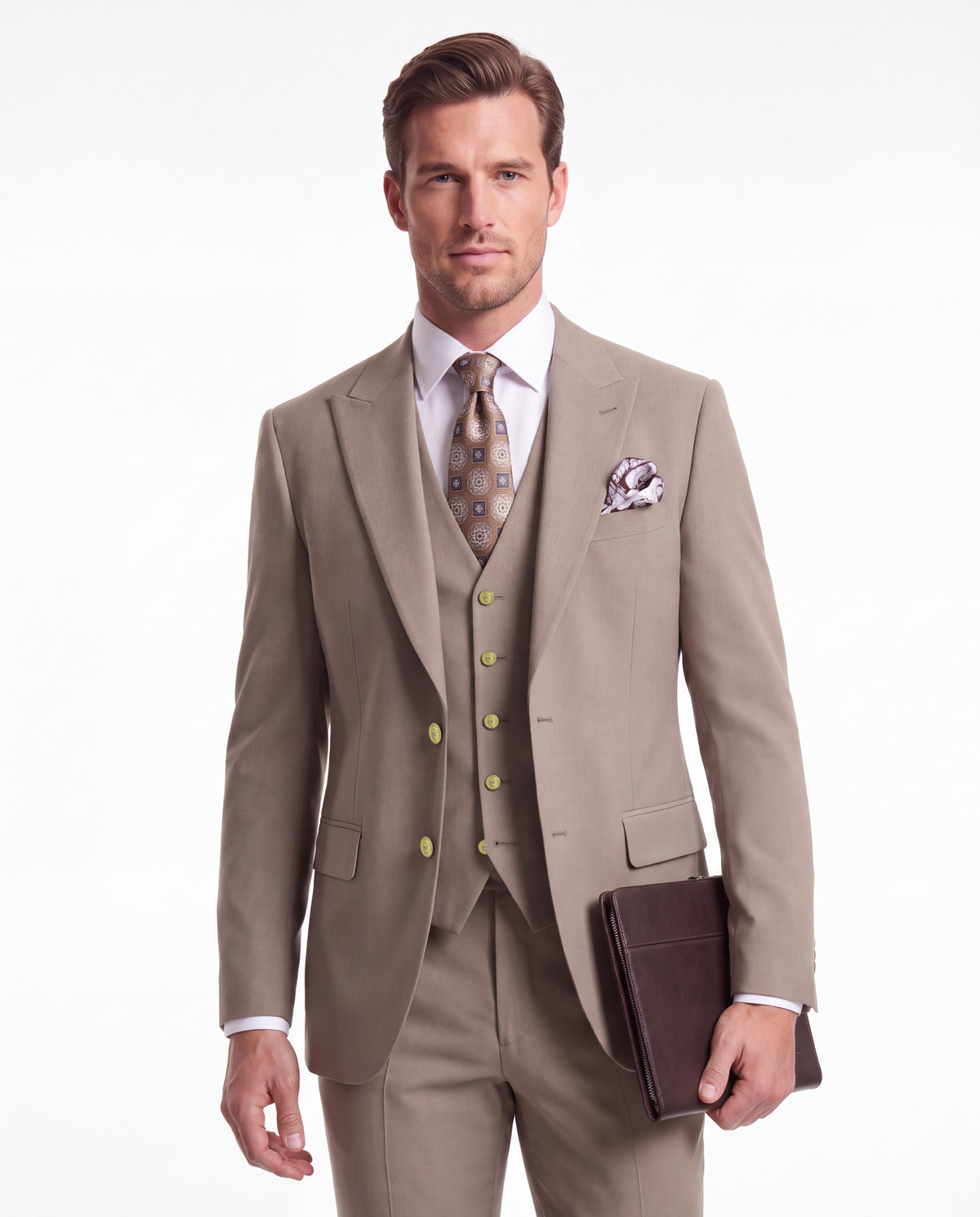 Eton College Beige Plain Slim Fit Three Piece Suit