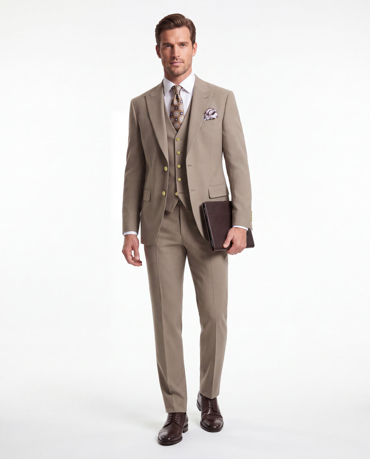 Eton College Beige Plain Slim Fit Three Piece Suit