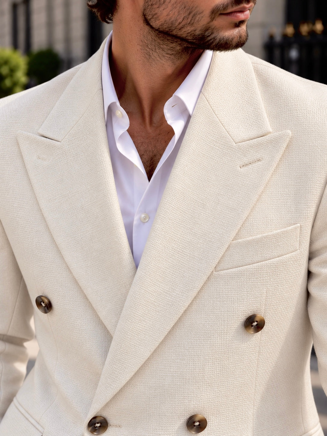 Middleton Road Cream Plain Slim Fit Double Breasted Suit