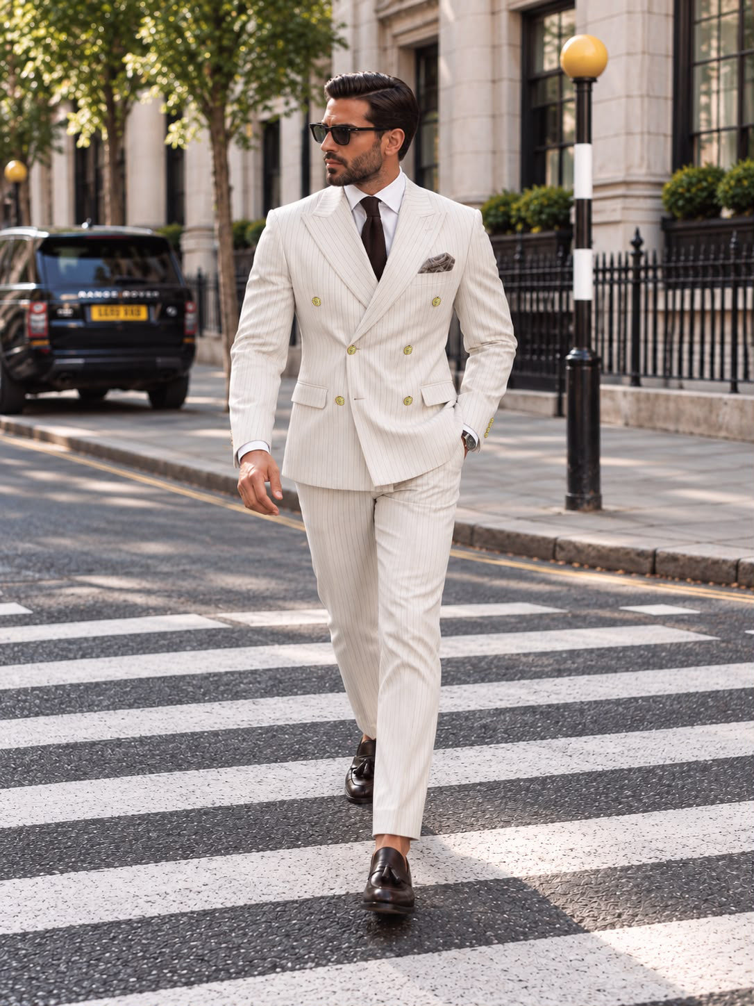 Farrow Lane Cream Pinstripe Slim Fit Double Breasted Suit - MrGuild