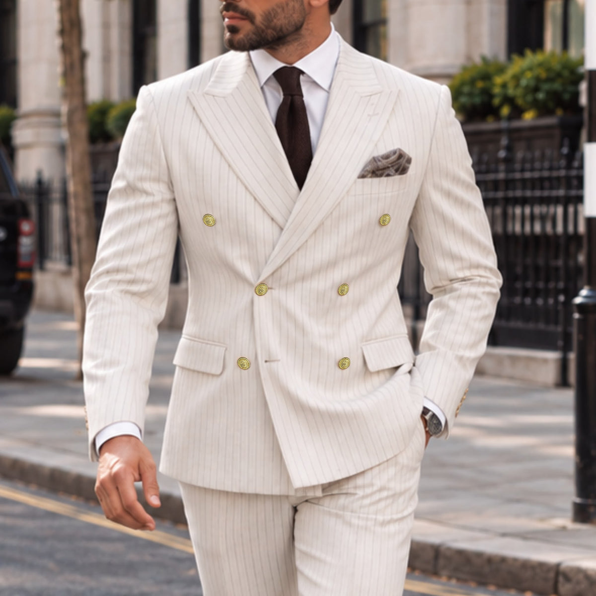 Farrow Lane Cream Pinstripe Slim Fit Double Breasted Suit