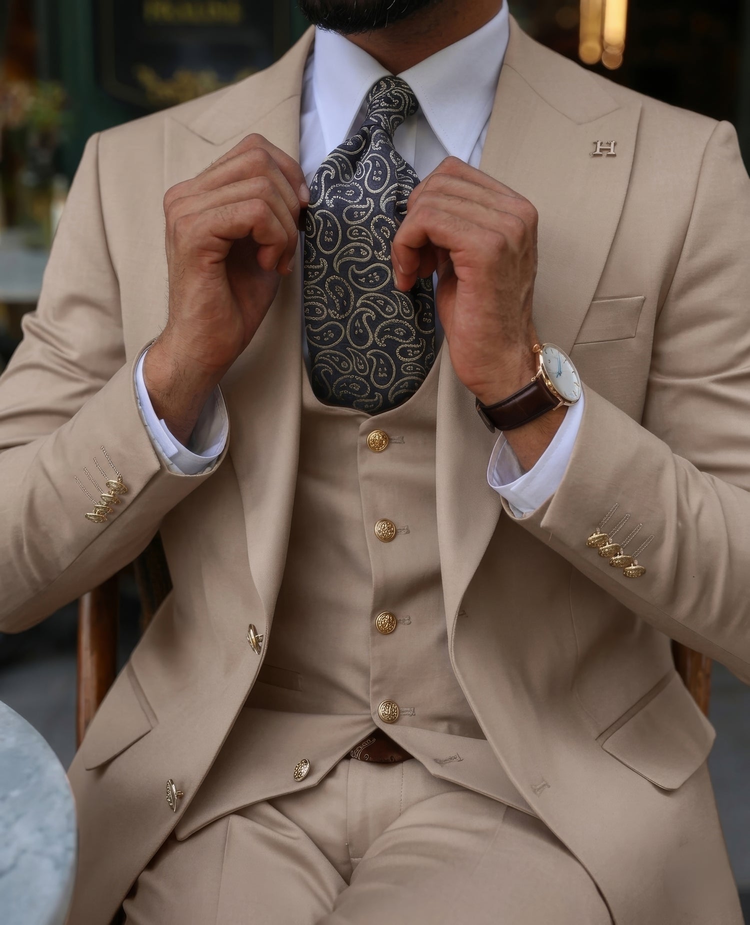 Forest Road Cream Plain Slim Fit Three Piece Suit With Gold Buttons 2