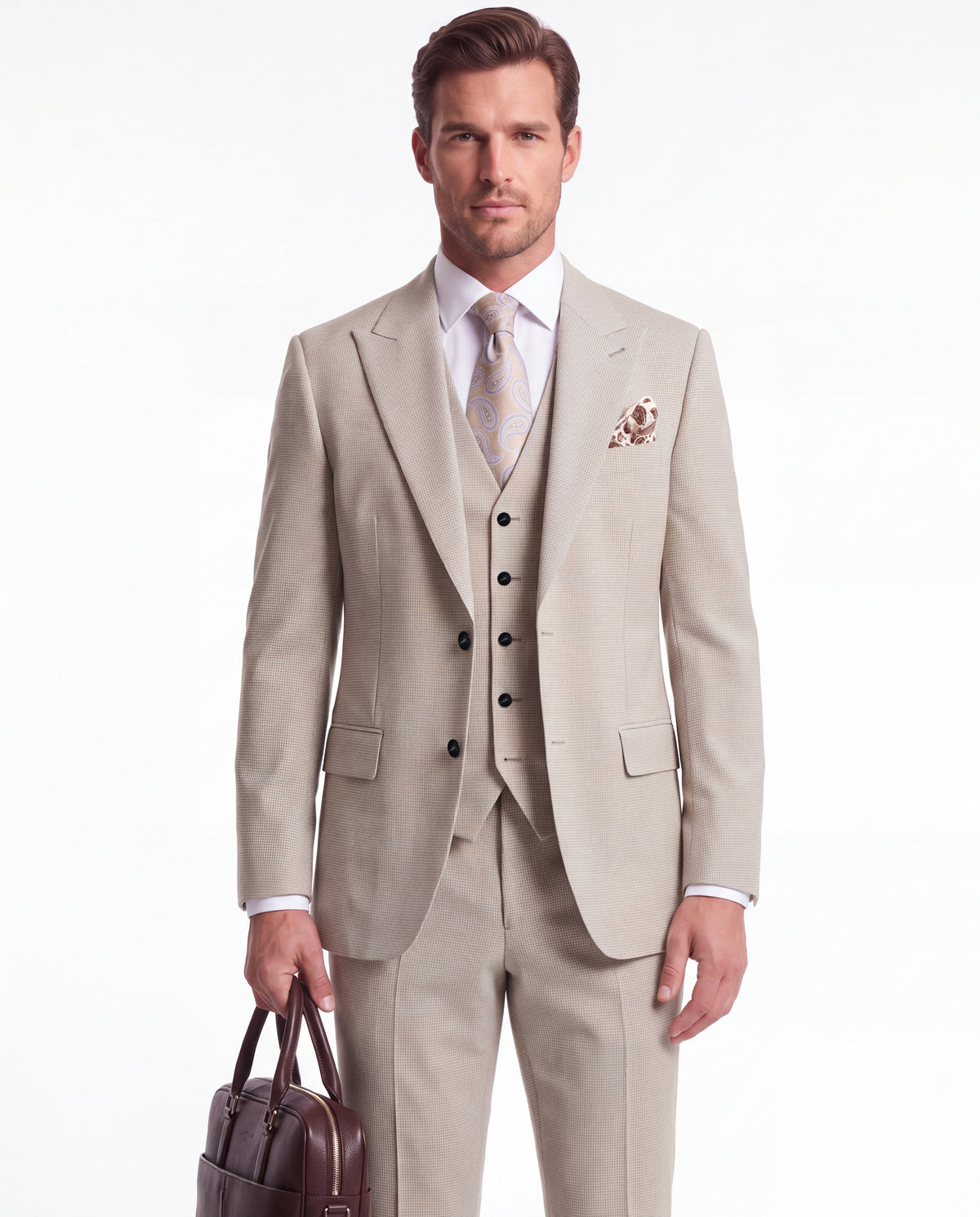 Kitcat Terrace Cream Plain Slim Fit Three Piece Suit - MrGuild
