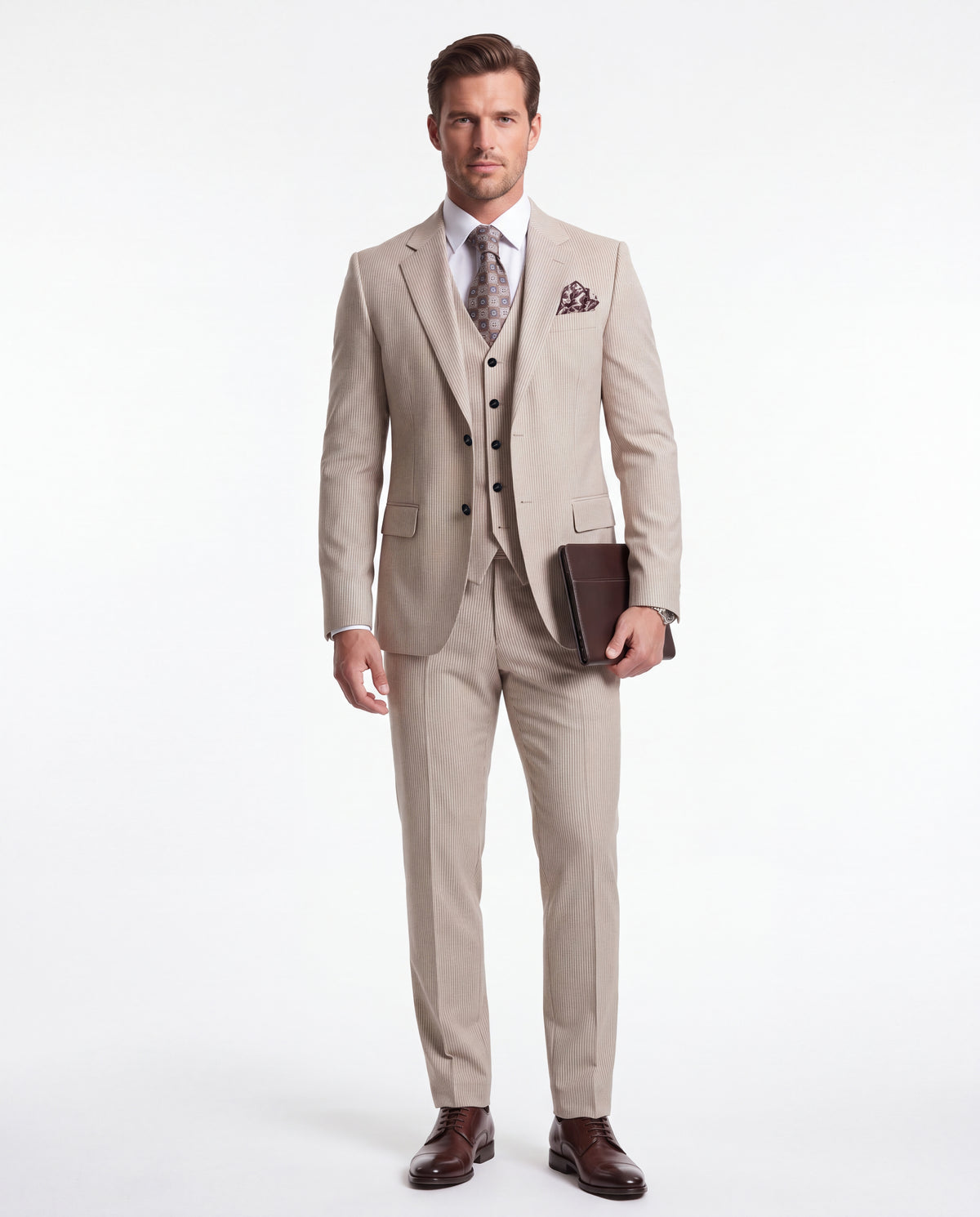 Lendal Terrace Cream Pinstripe Slim Fit Three Piece Suit - MrGuild