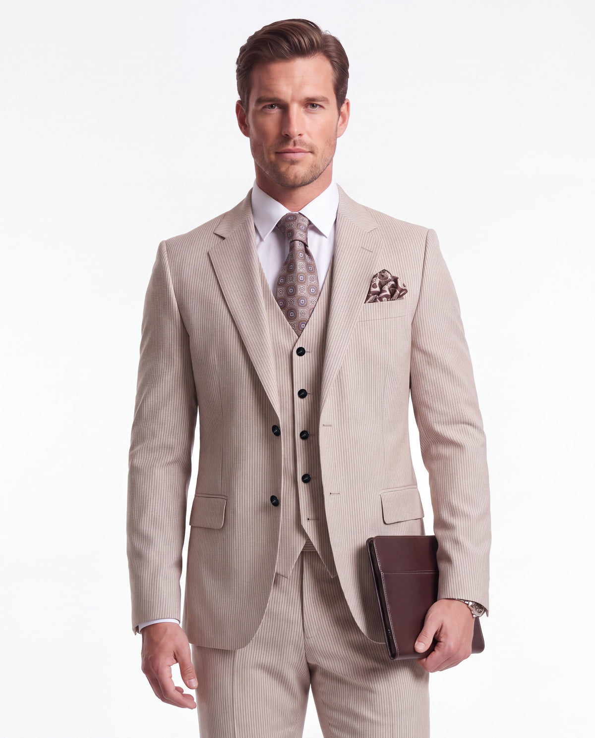 Lendal Terrace Cream Pinstripe Slim Fit Three Piece Suit - MrGuild