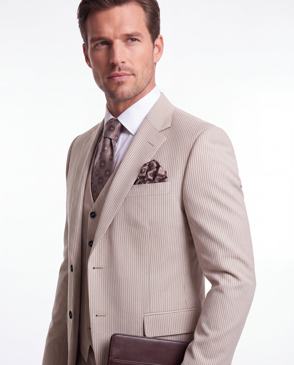 Lendal Terrace Cream Pinstripe Slim Fit Three Piece Suit - MrGuild