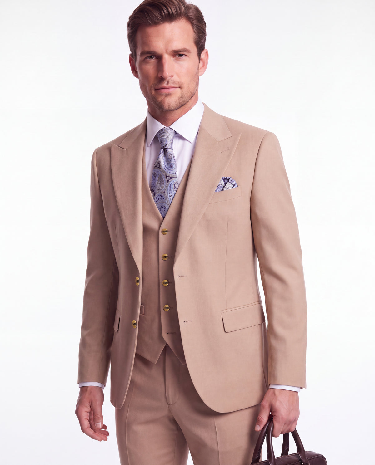 Little Somerset Street Beige Plain Slim Fit Three Piece Suit - MrGuild