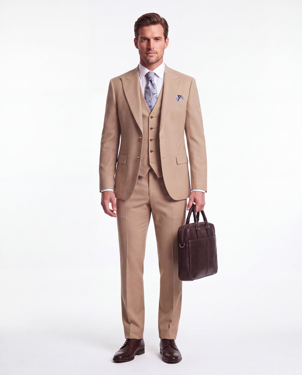 Little Somerset Street Beige Plain Slim Fit Three Piece Suit - MrGuild