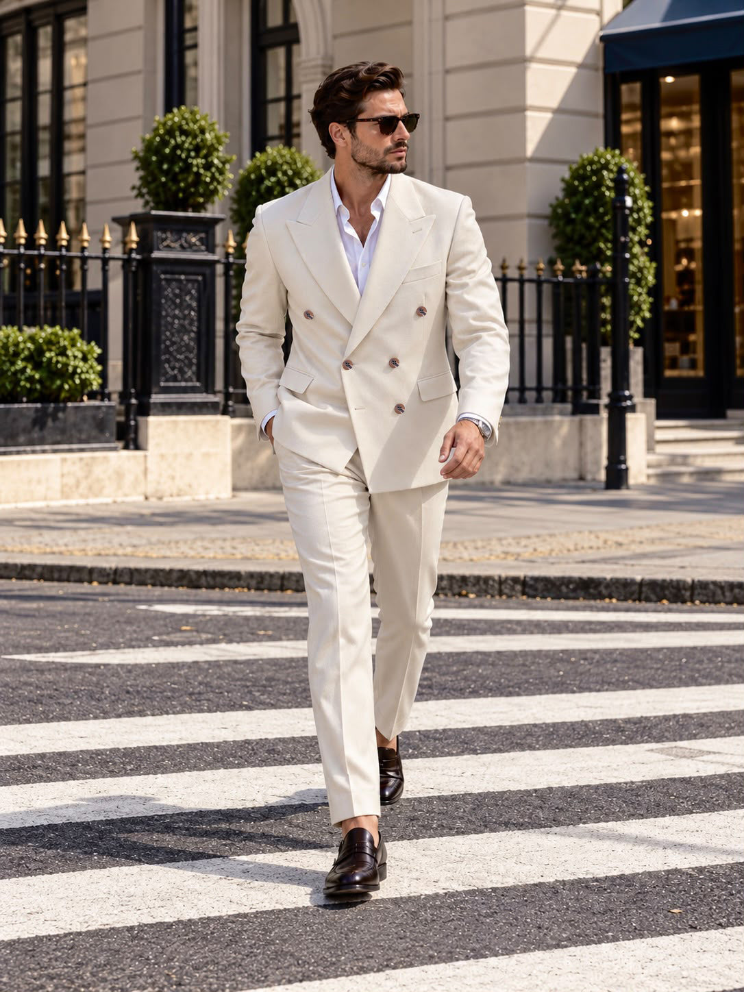 Middleton Road Cream Plain Slim Fit Double Breasted Suit