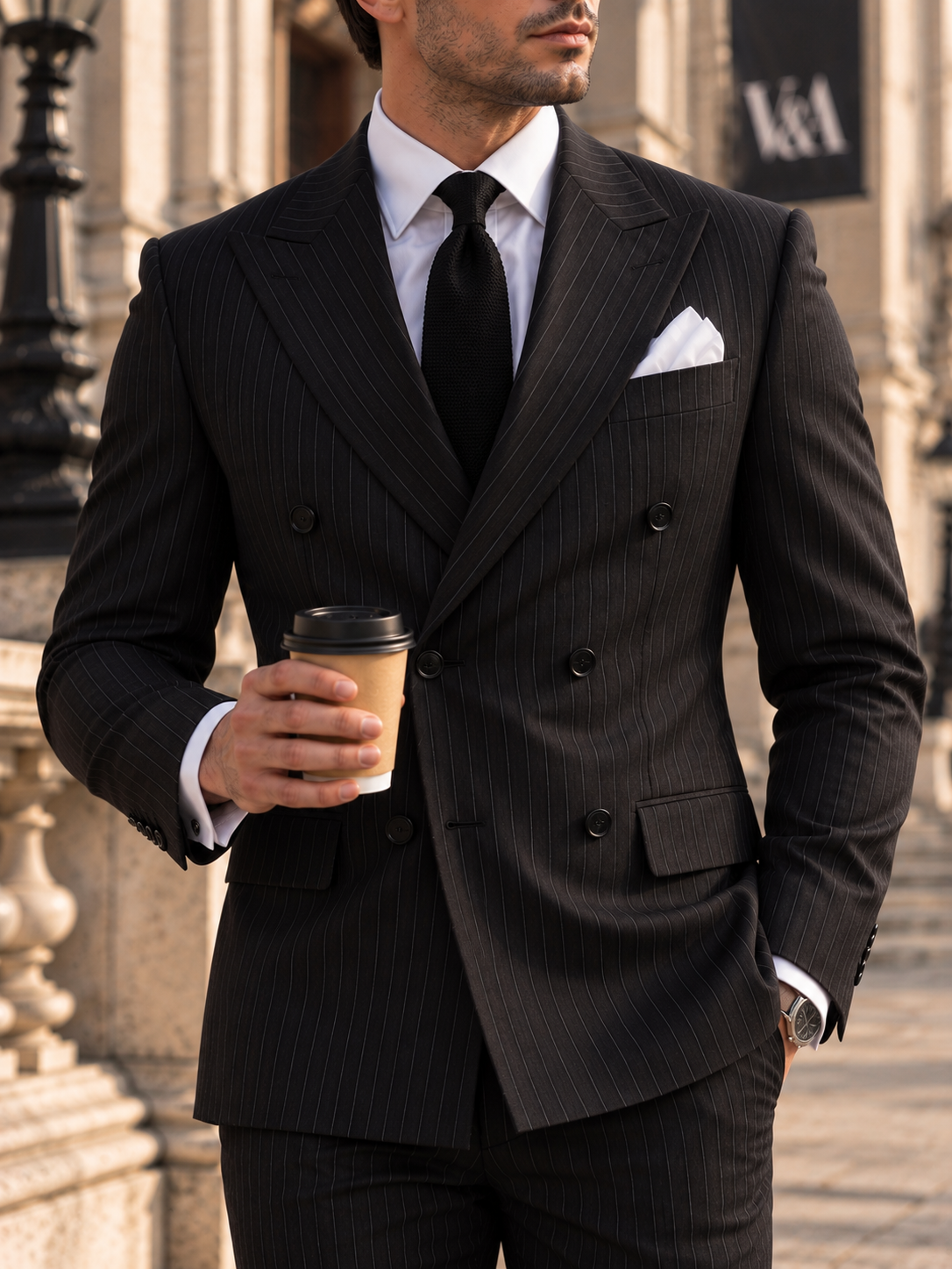 Nevern Road Black Pinstripe Slim Fit Double Breasted Suit