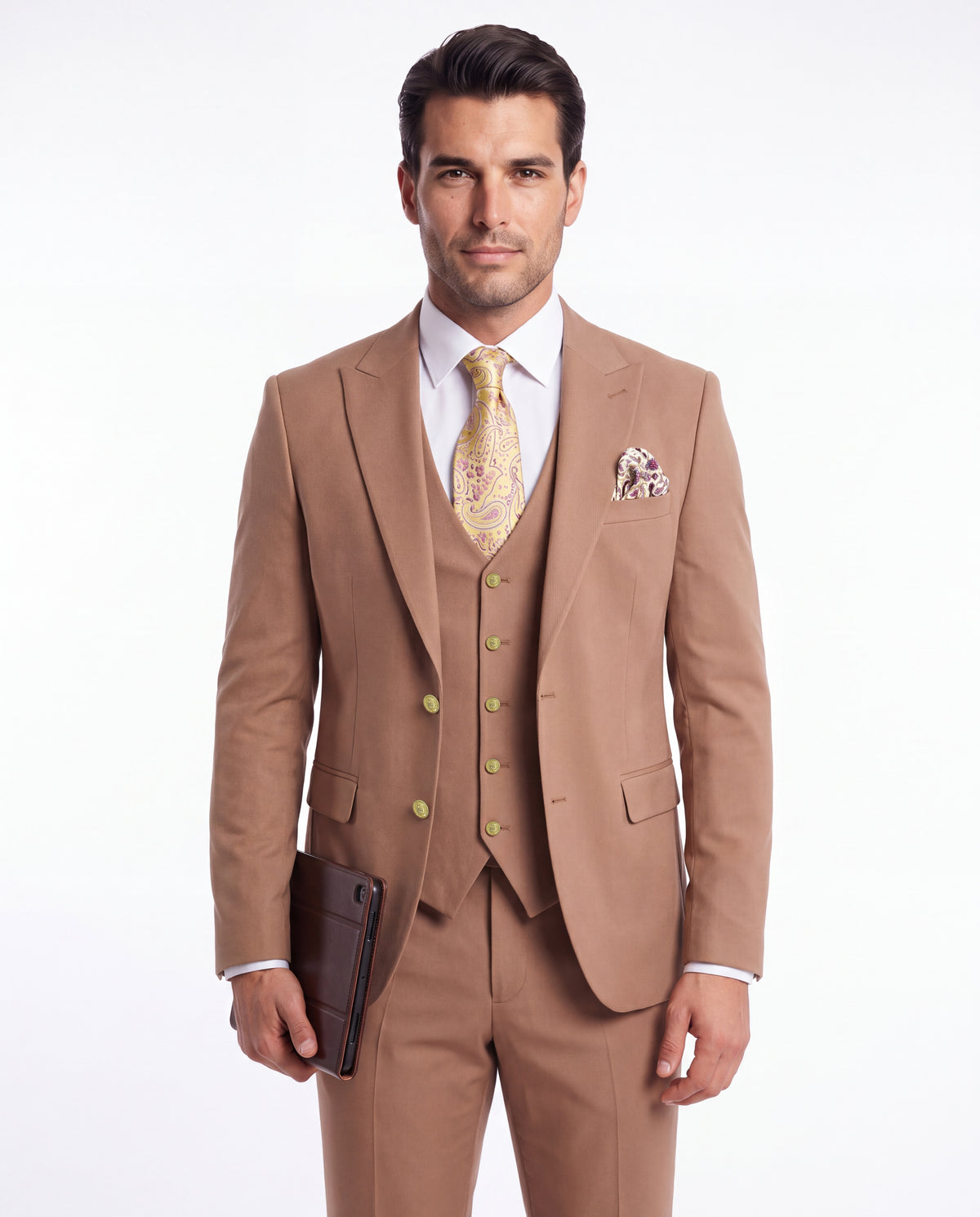 Tasker Road Beige Plain Slim Fit Three Piece Suit