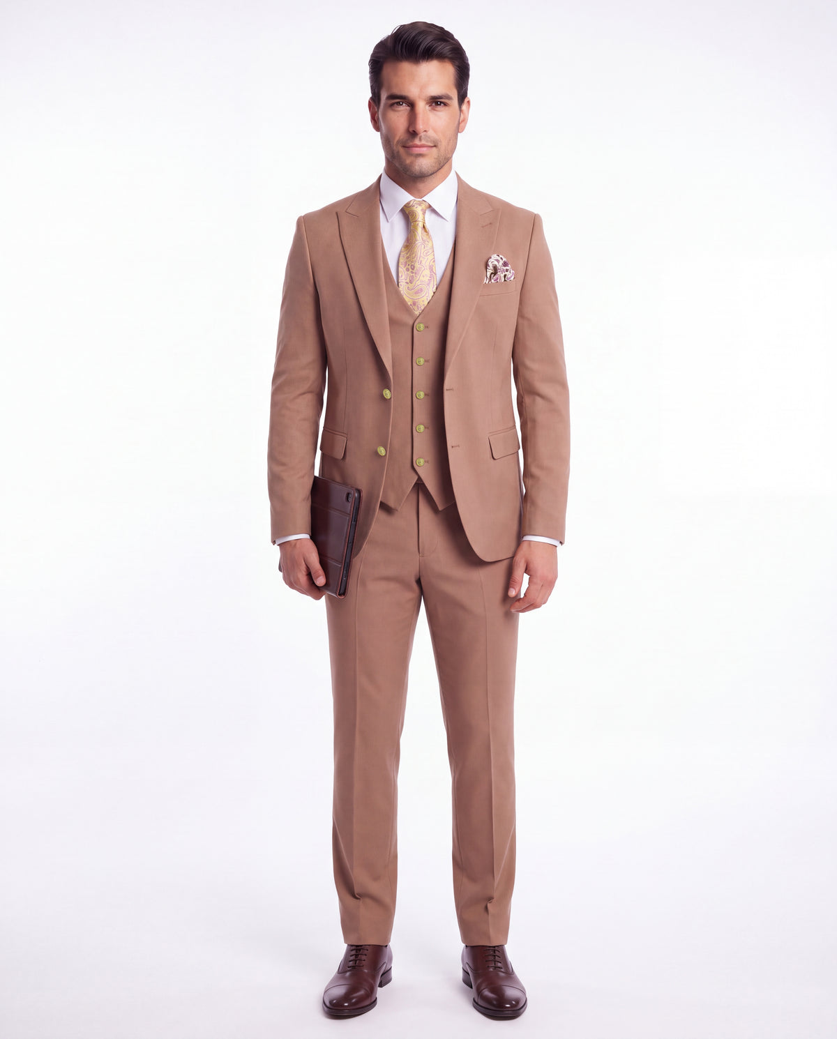 Tasker Road Beige Plain Slim Fit Three Piece Suit