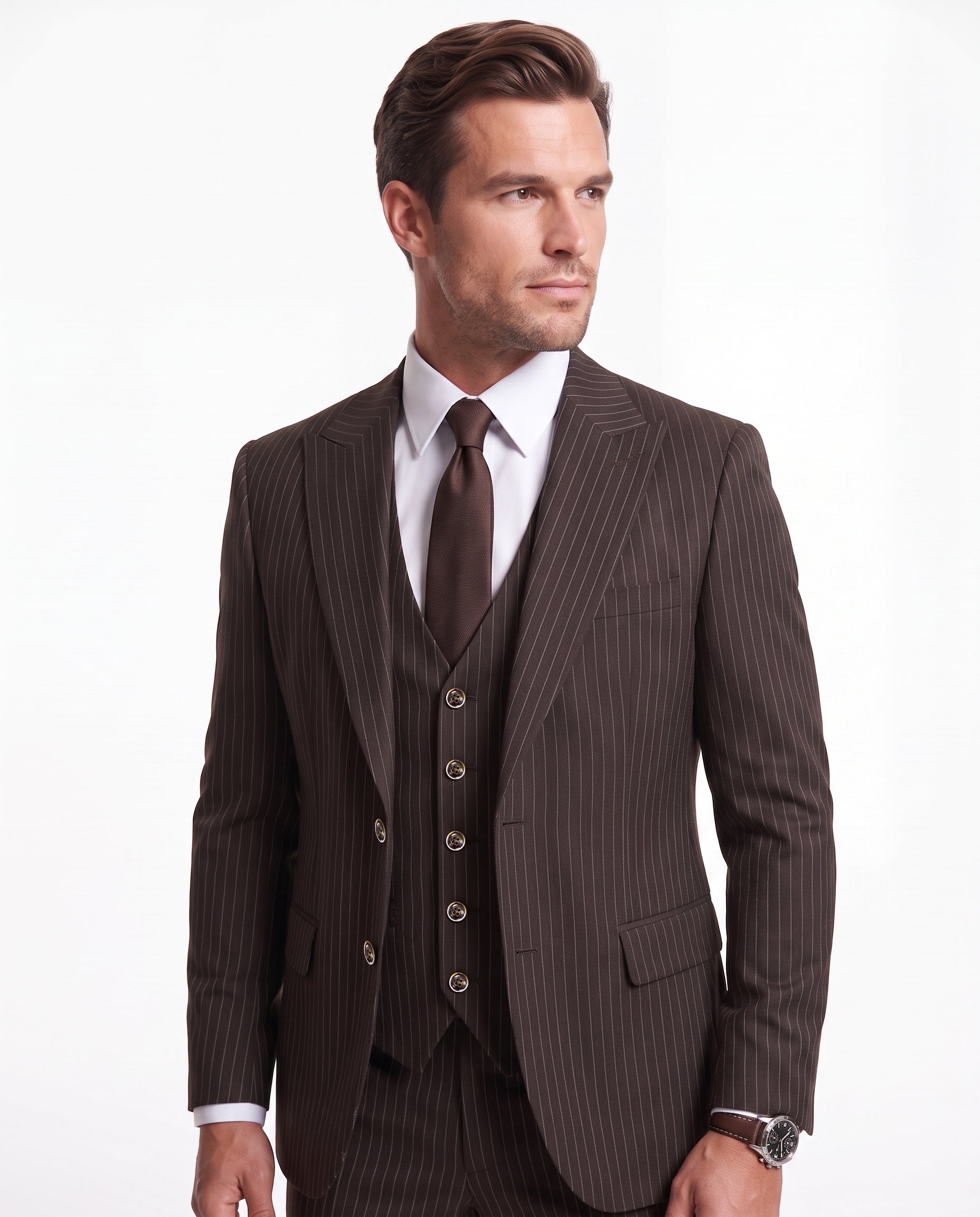 Trevor Street Brown Pinstripe Slim Fit Three Piece Suit | MrGuild
