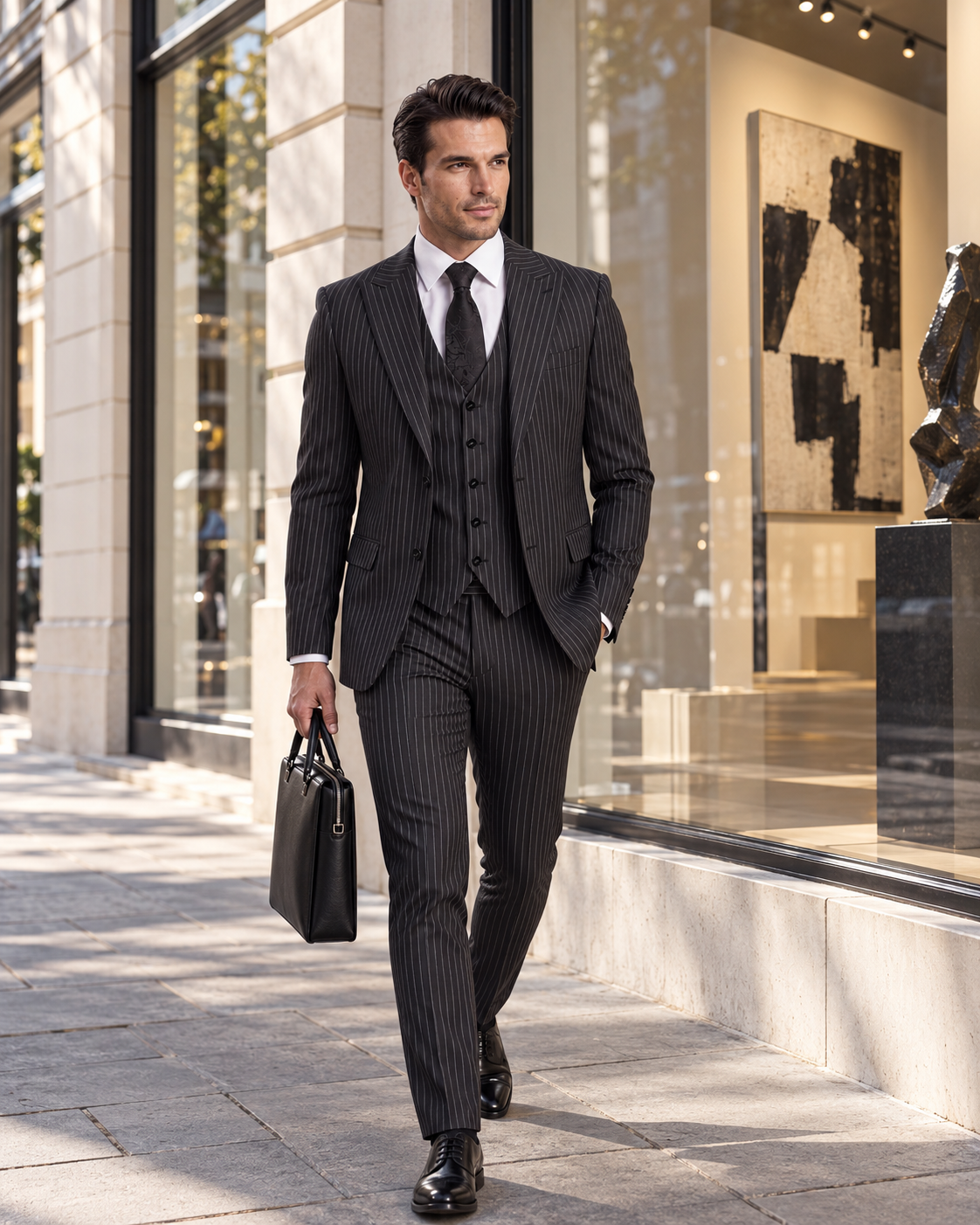 Yeate Street Black Pinstripe Slim Fit Three Piece Suit