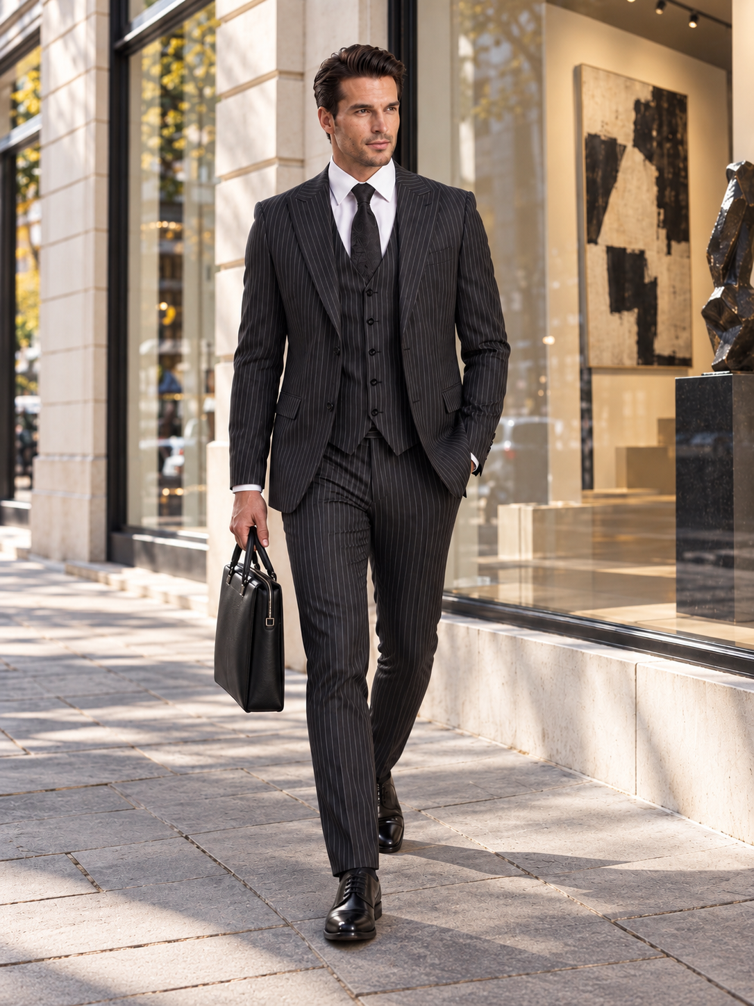 Yeate Street Black Pinstripe Slim Fit Three Piece Suit