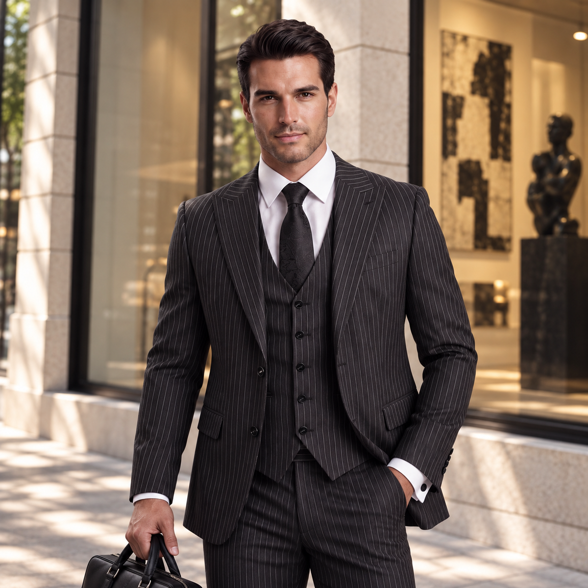 Yeate Street Black Pinstripe Slim Fit Three Piece Suit