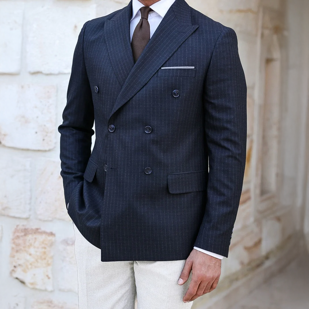Amos Court Blue Pinstripe Slim Fit Double Breasted Suit | MrGuild