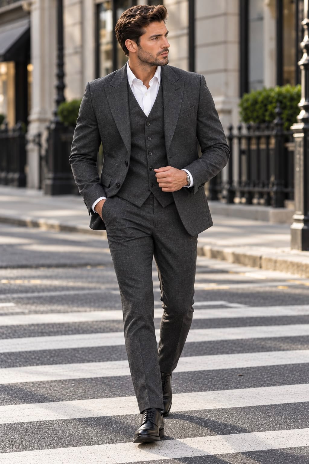 Gents Road Grey Plain Slim Fit Three Piece Suit - MrGuild