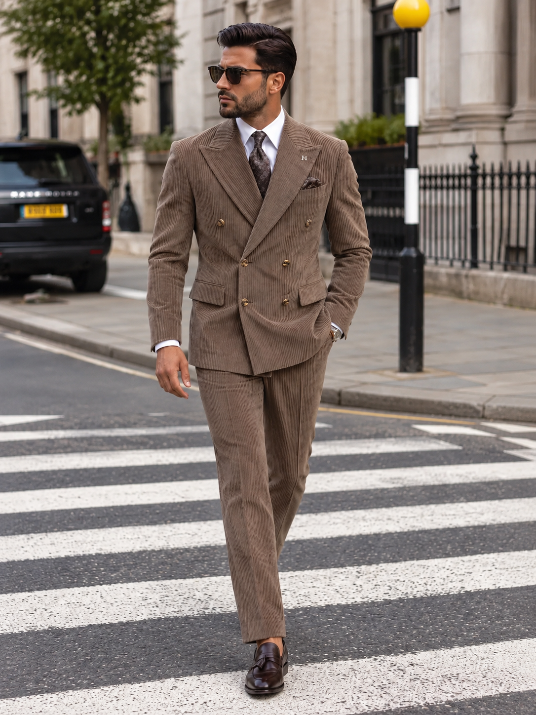 Dilayla Palace Brown Corduroy Slim Fit Double Breasted Suit - MrGuild